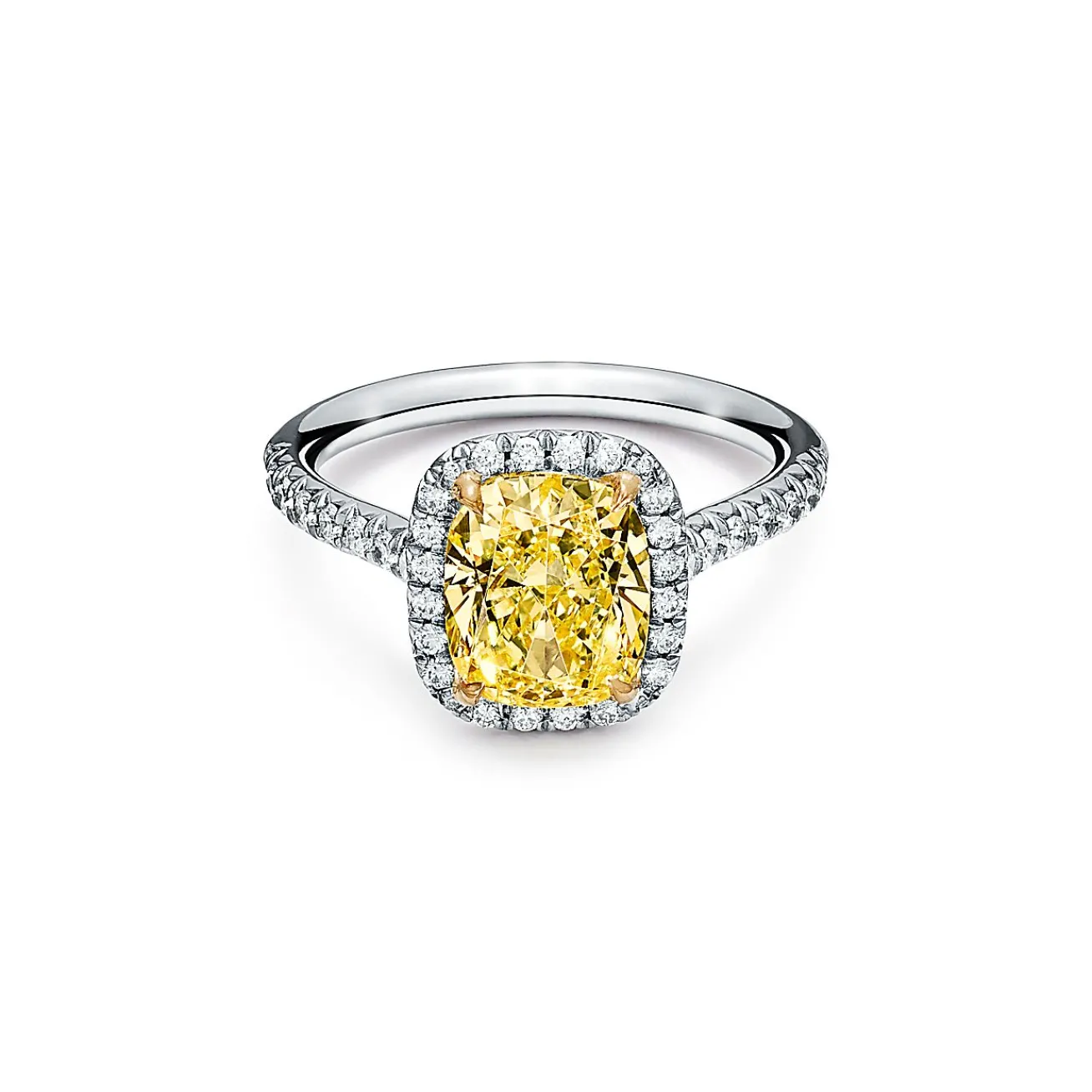 Tiffany & Co. Tiffany Soleste® cushion-cut engagement ring with a diamond band in platinum. | ^ Engagement Rings