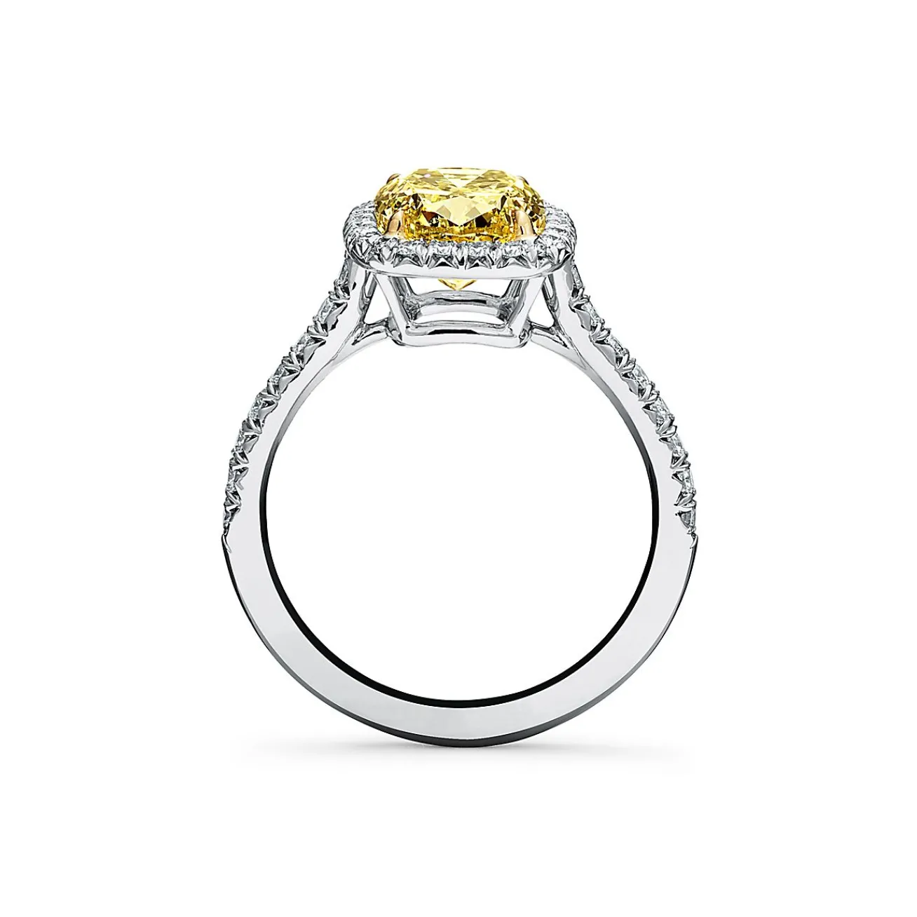 Tiffany & Co. Tiffany Soleste® cushion-cut engagement ring with a diamond band in platinum. | ^ Engagement Rings