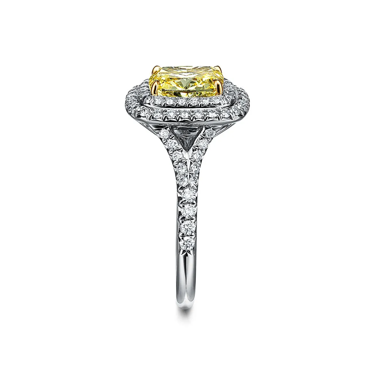 Tiffany & Co. Tiffany Soleste® cushion-cut yellow diamond halo engagement ring in platinum. | ^ Engagement Rings