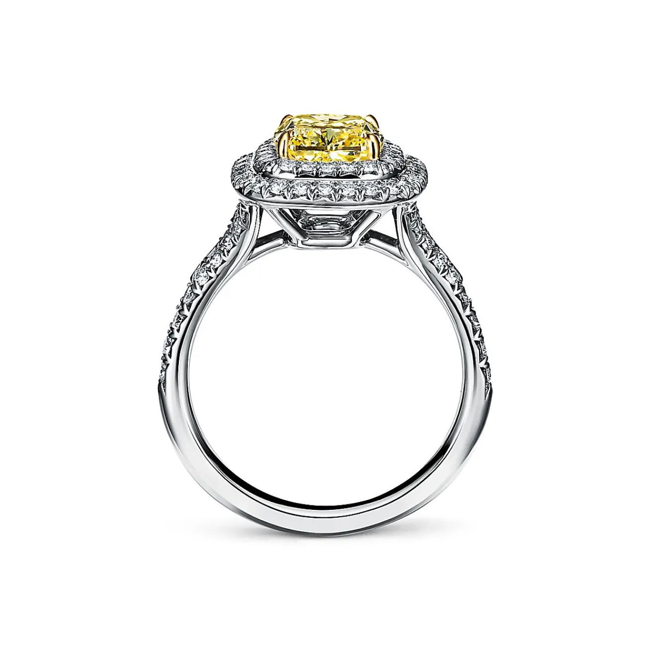Tiffany & Co. Tiffany Soleste® cushion-cut yellow diamond halo engagement ring in platinum. | ^ Engagement Rings