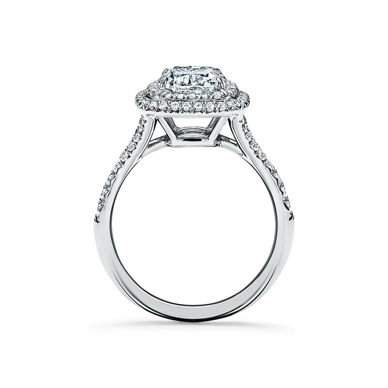Tiffany & Co. Tiffany Soleste® cushion-cut engagement ring with a diamond band in platinum. | ^ Engagement Rings