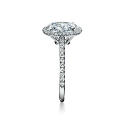 Tiffany & Co. Tiffany Soleste® oval halo engagement ring with a diamond band in platinum. | ^ Engagement Rings