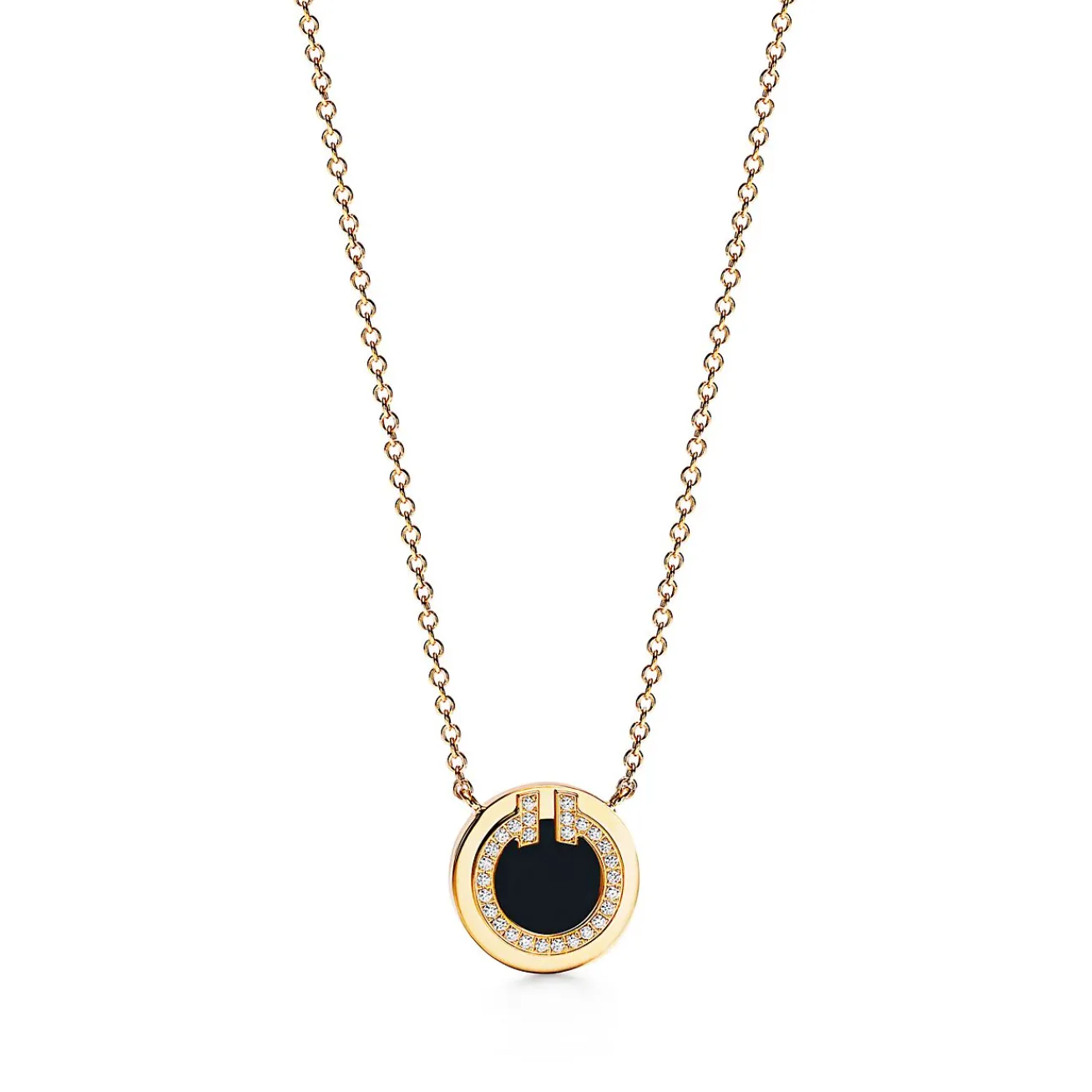 Tiffany & Co. Tiffany T diamond and black onyx circle pendant in 18k gold, small. | ^ Necklaces & Pendants|Men's Jewelry