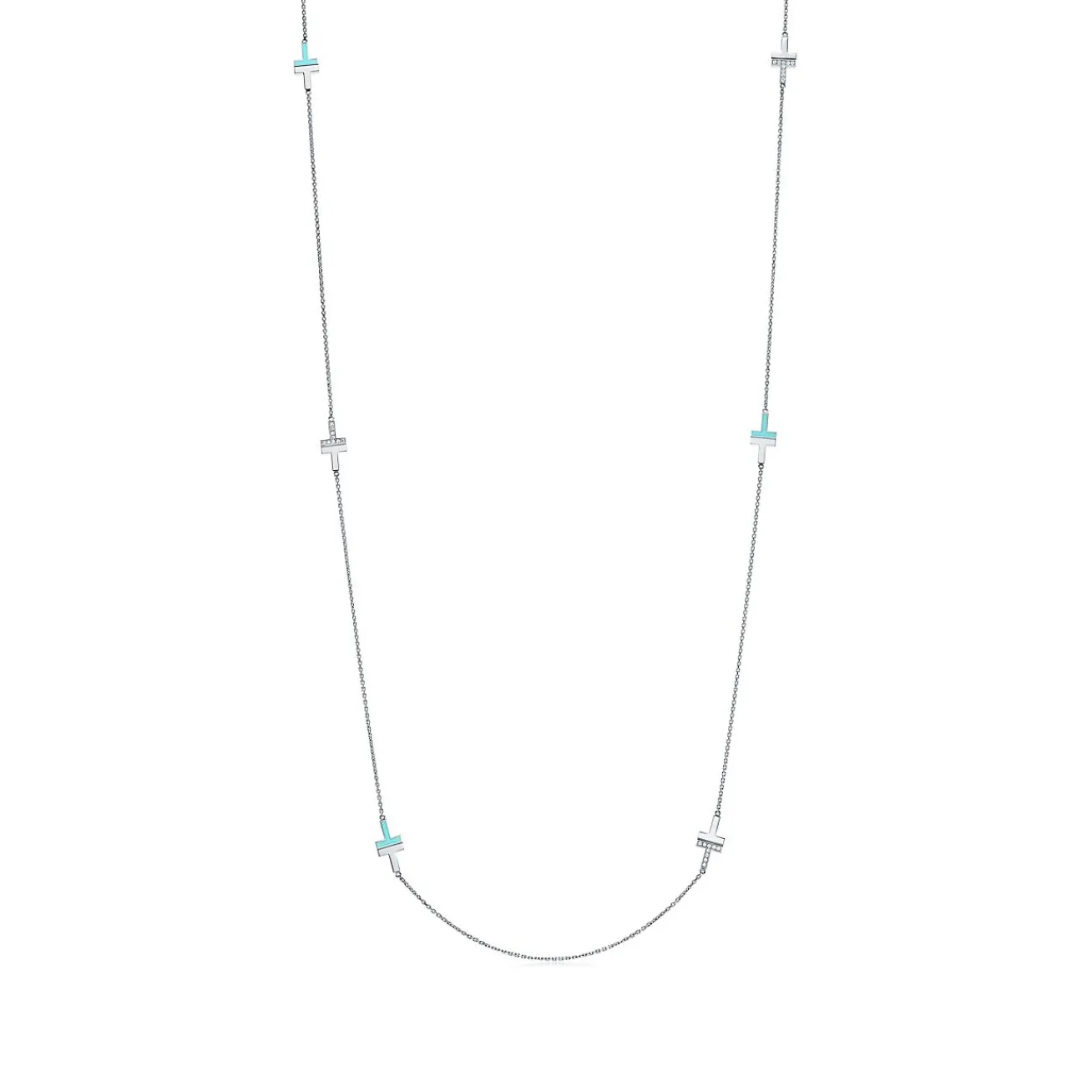 Tiffany & Co. Tiffany T diamond and turquoise station necklace in 18k white gold. | ^ Necklaces & Pendants|Diamond Jewelry