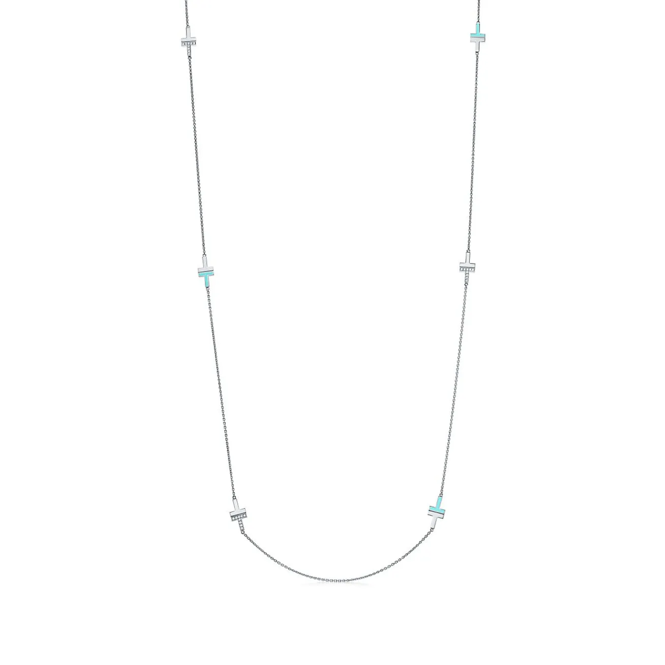 Tiffany & Co. Tiffany T diamond and turquoise station necklace in 18k white gold. | ^ Necklaces & Pendants|Diamond Jewelry