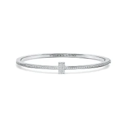 Tiffany & Co. Tiffany T diamond hinged wire bangle in 18k white gold, medium. | ^ Bracelets|Diamond Jewelry