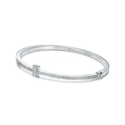 Tiffany & Co. Tiffany T diamond hinged wire bangle in 18k white gold, medium. | ^ Bracelets|Diamond Jewelry