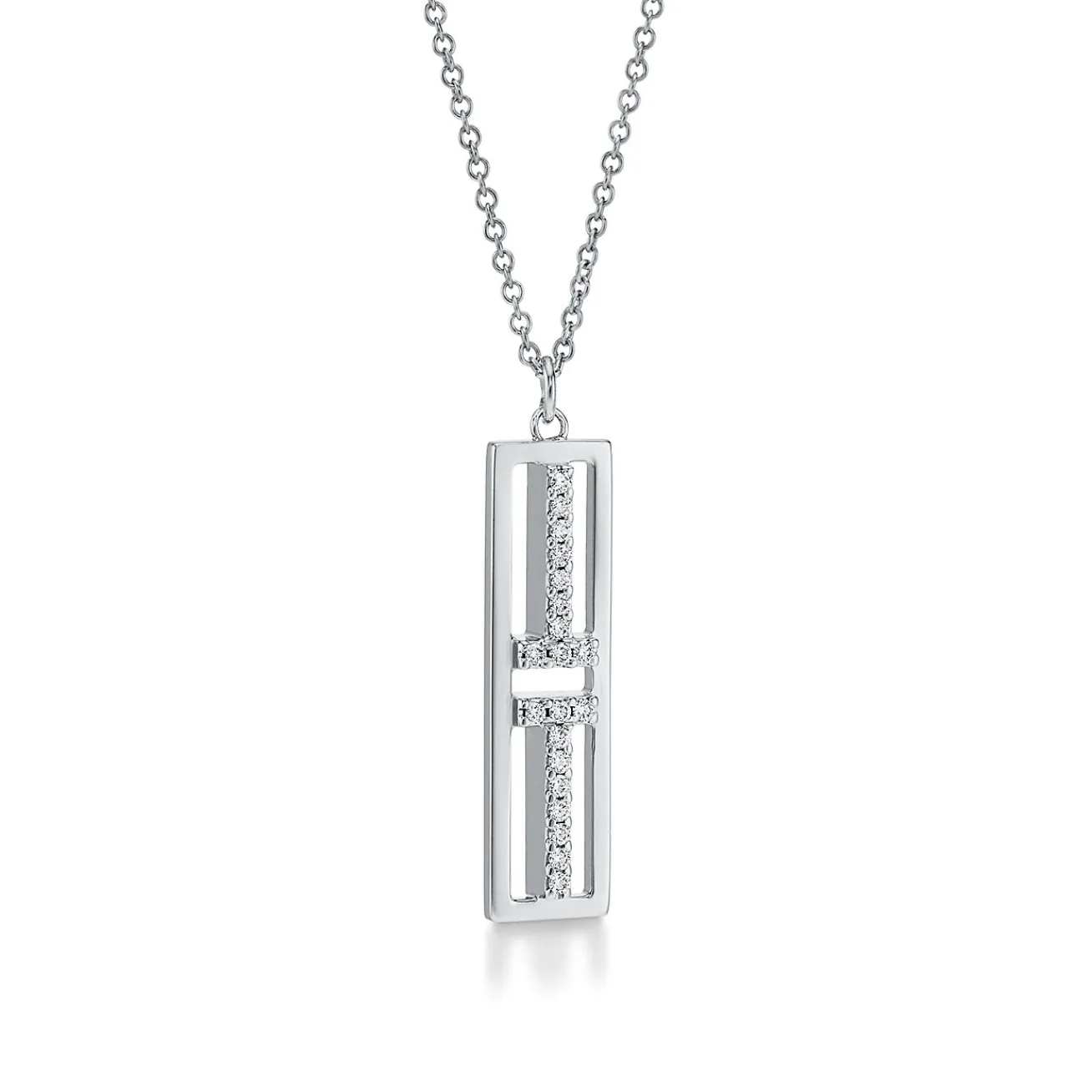 Tiffany & Co. Tiffany T open vertical diamond bar pendant in 18k white gold. | ^ Necklaces & Pendants|Diamond Jewelry