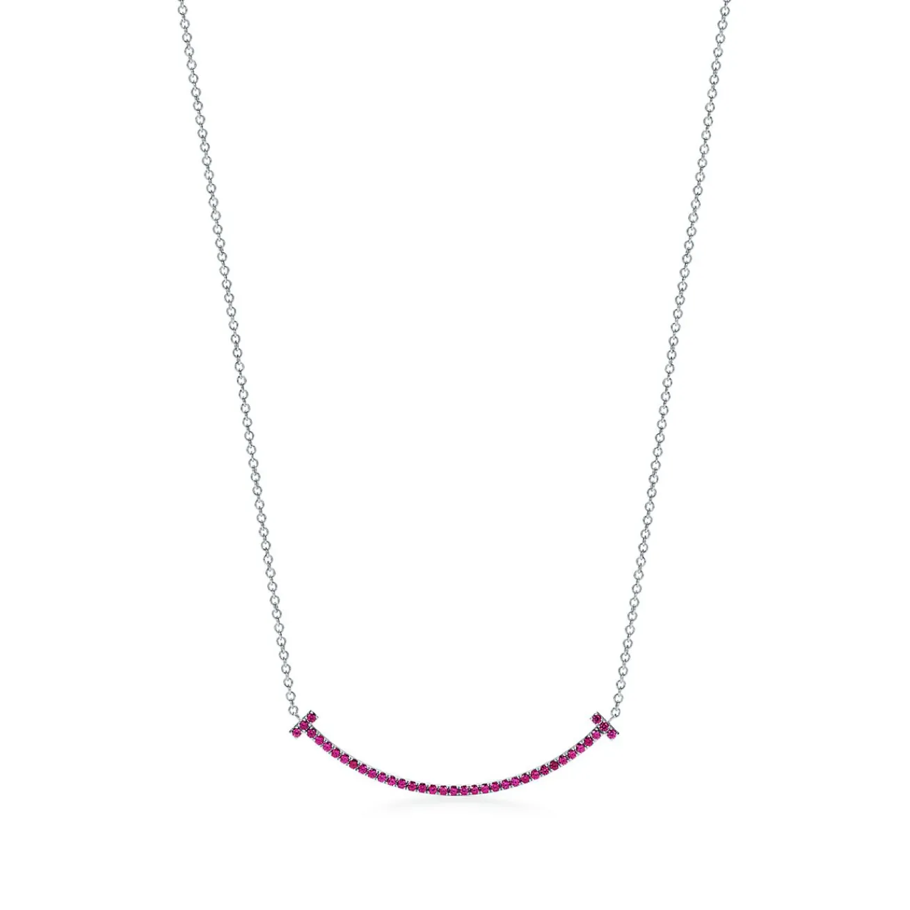 Tiffany & Co. Tiffany T smile pendant in 18k white gold with rubies, small. | ^ Necklaces & Pendants|Colored Gemstone Jewelry