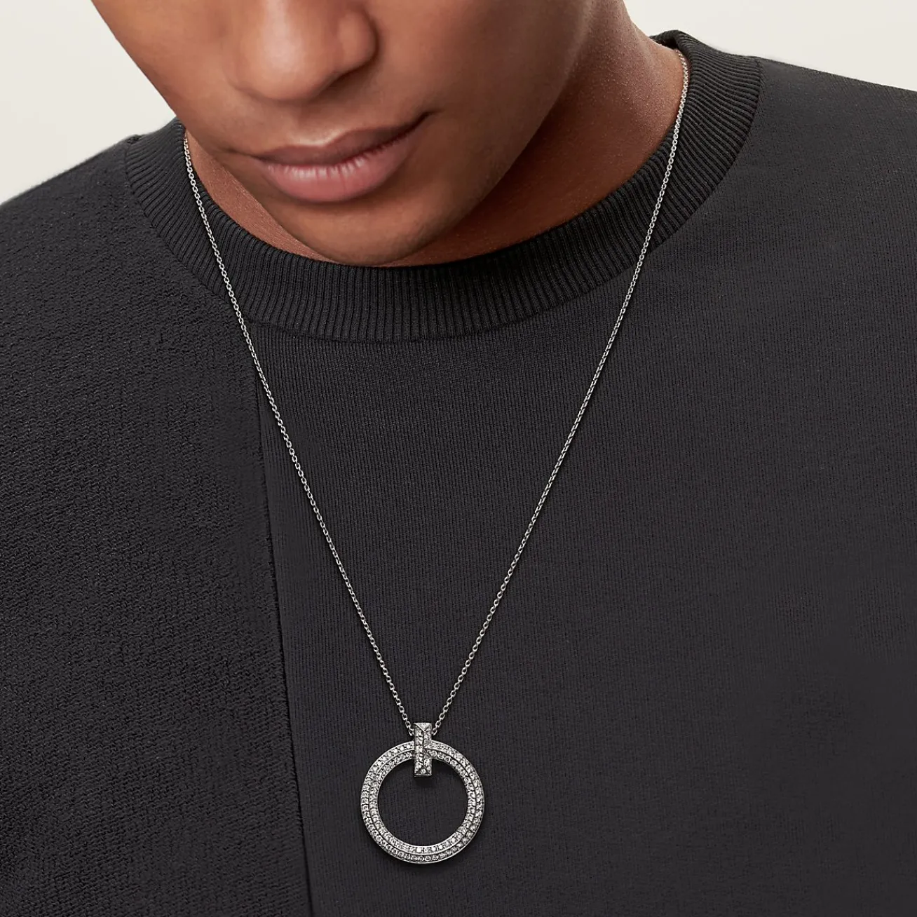 Tiffany & Co. Tiffany T T1 Circle Pendant in 18k White Gold with Diamonds, Large | ^ Necklaces & Pendants|Men's Jewelry
