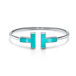 Tiffany & Co. Tiffany T wide turquoise wire bracelet in 18k white gold, medium. | ^ Bracelets|Colored Gemstone Jewelry