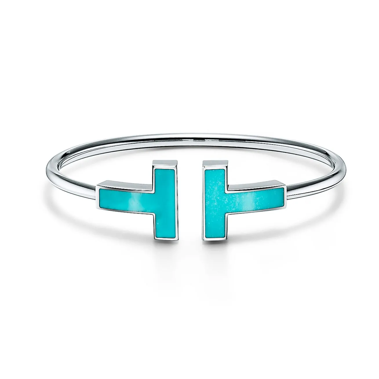Tiffany & Co. Tiffany T wide turquoise wire bracelet in 18k white gold, medium. | ^ Bracelets|Colored Gemstone Jewelry